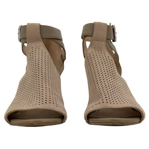 Marc Fisher Gabie Taupe Suede Leather Perforated Shootie Block Heel Sandals Sz 9 - Picture 3 of 12